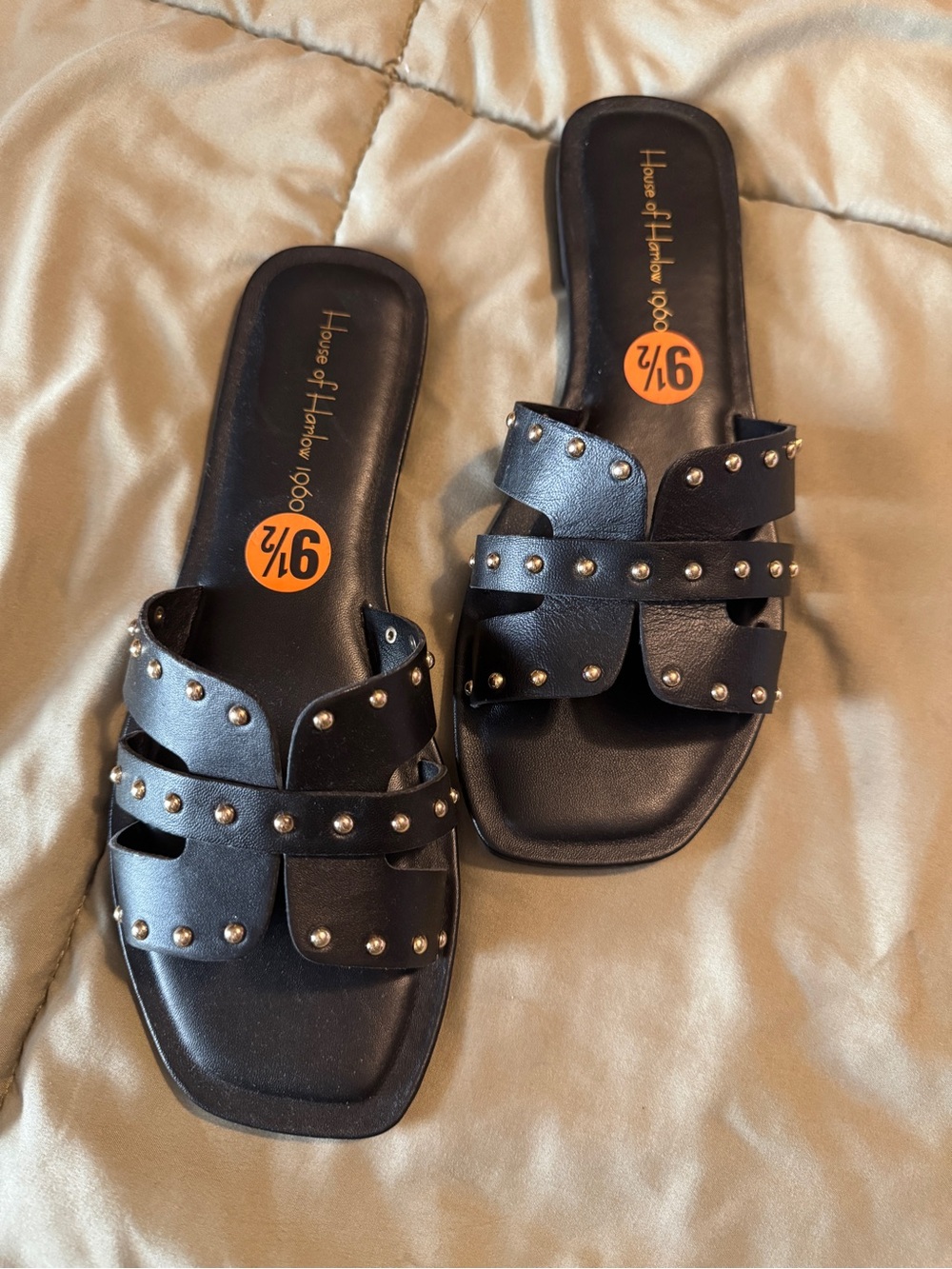 House of Harlow 1960 Black Studded Leather Slide Sandals